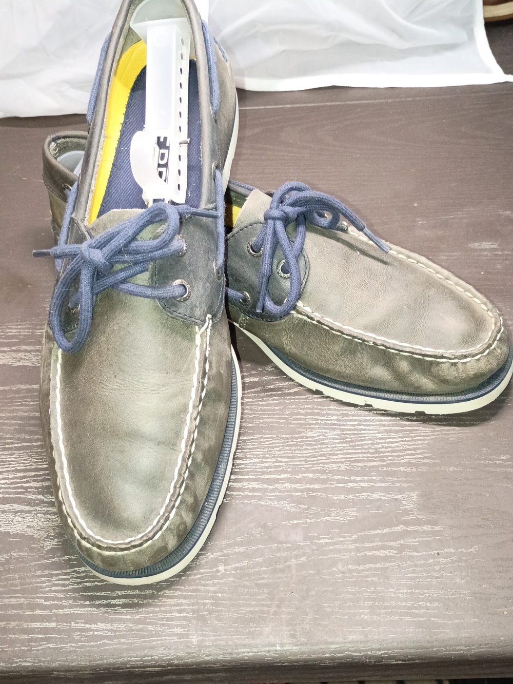 Sperry Olive Green Leather Boat Shoes with Navy Laces Men's 10M Like NEW!!!